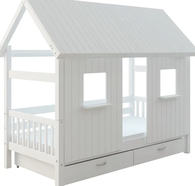 THUKA Nordic Hausbett Crossbar mit geschlossener Front, Dachpanele und 2 Schubladen weiß