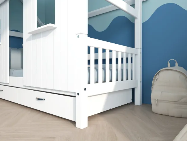 THUKA Nordic Hausbett Crossbar mit geschlossener Front, Dachpanele und 2 Schubladen weiß