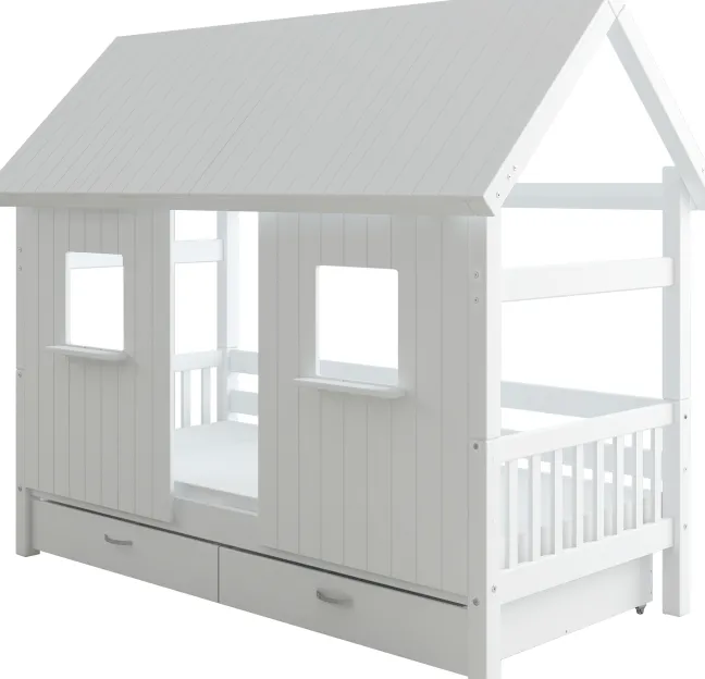 THUKA Nordic Hausbett Crossbar mit geschlossener Front, Dachpanele und 2 Schubladen weiß