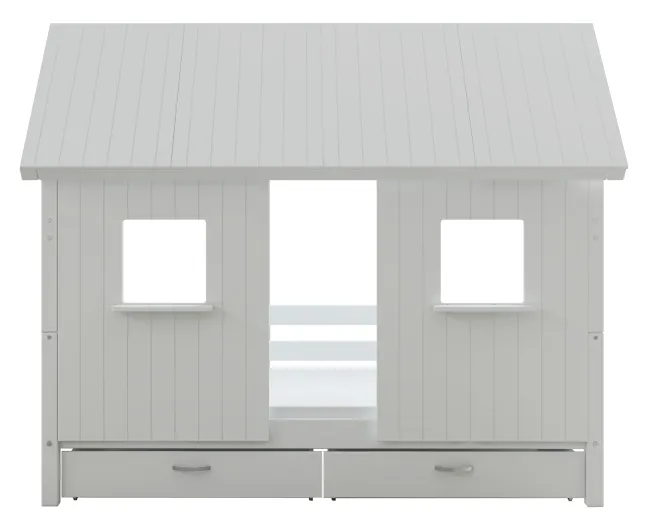 THUKA Nordic Hausbett Crossbar mit geschlossener Front, Dachpanele und 2 Schubladen weiß