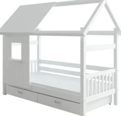 THUKA Nordic Hausbett Crossbar mit halb geschlossener Front, Dachpanele und 2 Schubladen weiß