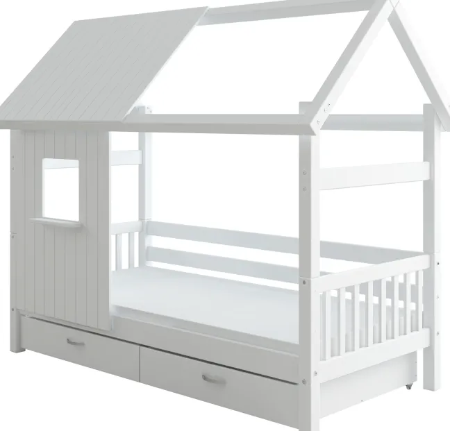 THUKA Nordic Hausbett Crossbar mit halb geschlossener Front, Dachpanele und 2 Schubladen weiß