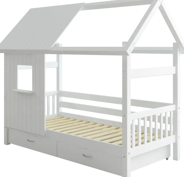 THUKA Nordic Hausbett Crossbar mit halb geschlossener Front, Dachpanele und 2 Schubladen weiß