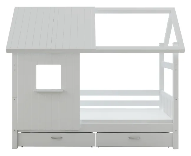THUKA Nordic Hausbett Crossbar mit halb geschlossener Front, Dachpanele und 2 Schubladen weiß