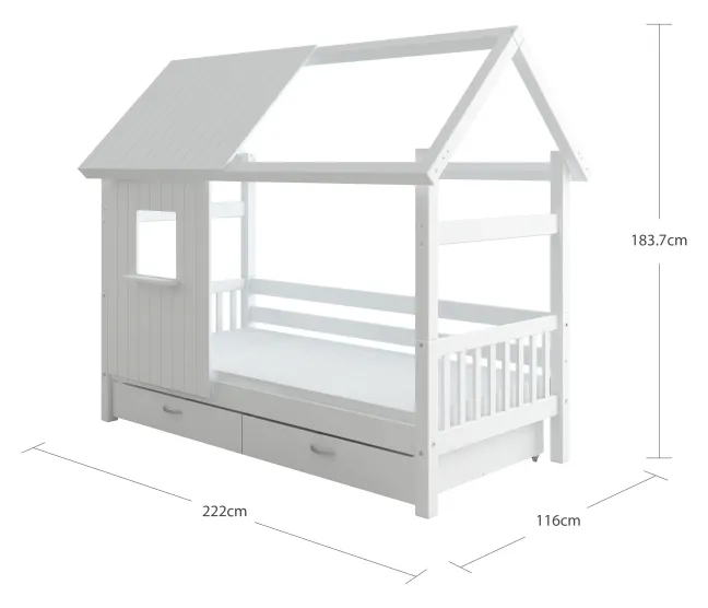 THUKA Nordic Hausbett Crossbar mit halb geschlossener Front, Dachpanele und 2 Schubladen weiß