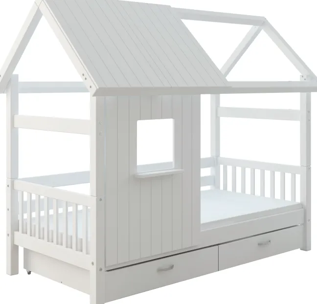 THUKA Nordic Hausbett Crossbar mit halb geschlossener Front, Dachpanele und 2 Schubladen weiß