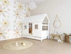 THUKA Nordic Hausbett Romantic mit geschlossener Front, Dachpanele und 2 Schubladen weiß