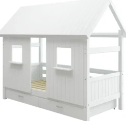 THUKA Nordic Hausbett Romantic mit geschlossener Front, Dachpanele und 2 Schubladen weiß