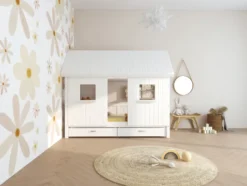 THUKA Nordic Hausbett Romantic mit geschlossener Front, Dachpanele und 2 Schubladen weiß
