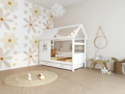 THUKA Nordic Hausbett Romantic mit halb geschlossener Front, Dachpanele und 2 Schubladen weiß