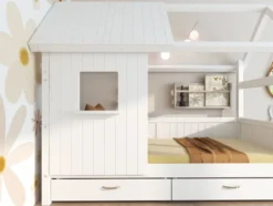 THUKA Nordic Hausbett Romantic mit halb geschlossener Front, Dachpanele und 2 Schubladen weiß