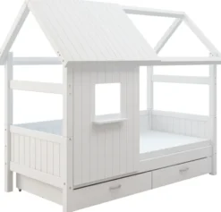 THUKA Nordic Hausbett Romantic mit halb geschlossener Front, Dachpanele und 2 Schubladen weiß
