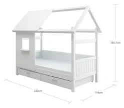 THUKA Nordic Hausbett Romantic mit halb geschlossener Front, Dachpanele und 2 Schubladen weiß