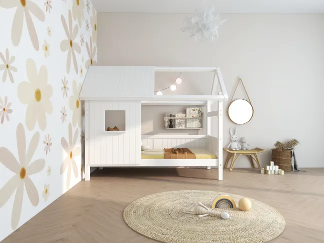 THUKA Nordic Hausbett Romantic mit halb geschlossener Front und Dachpanele weiß