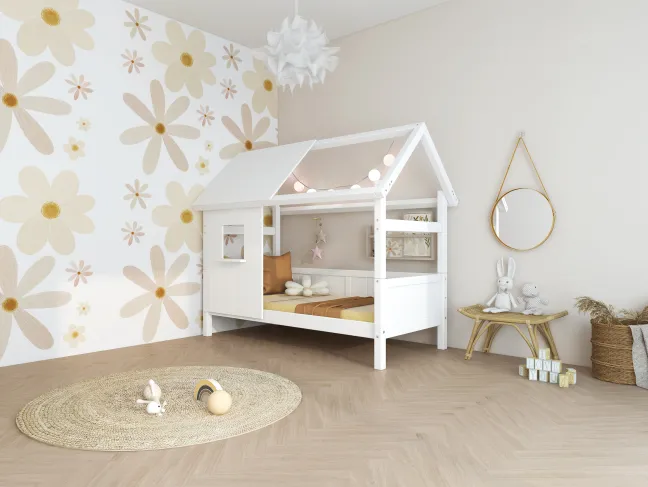 THUKA Nordic Hausbett Romantic mit halb geschlossener Front und Dachpanele weiß